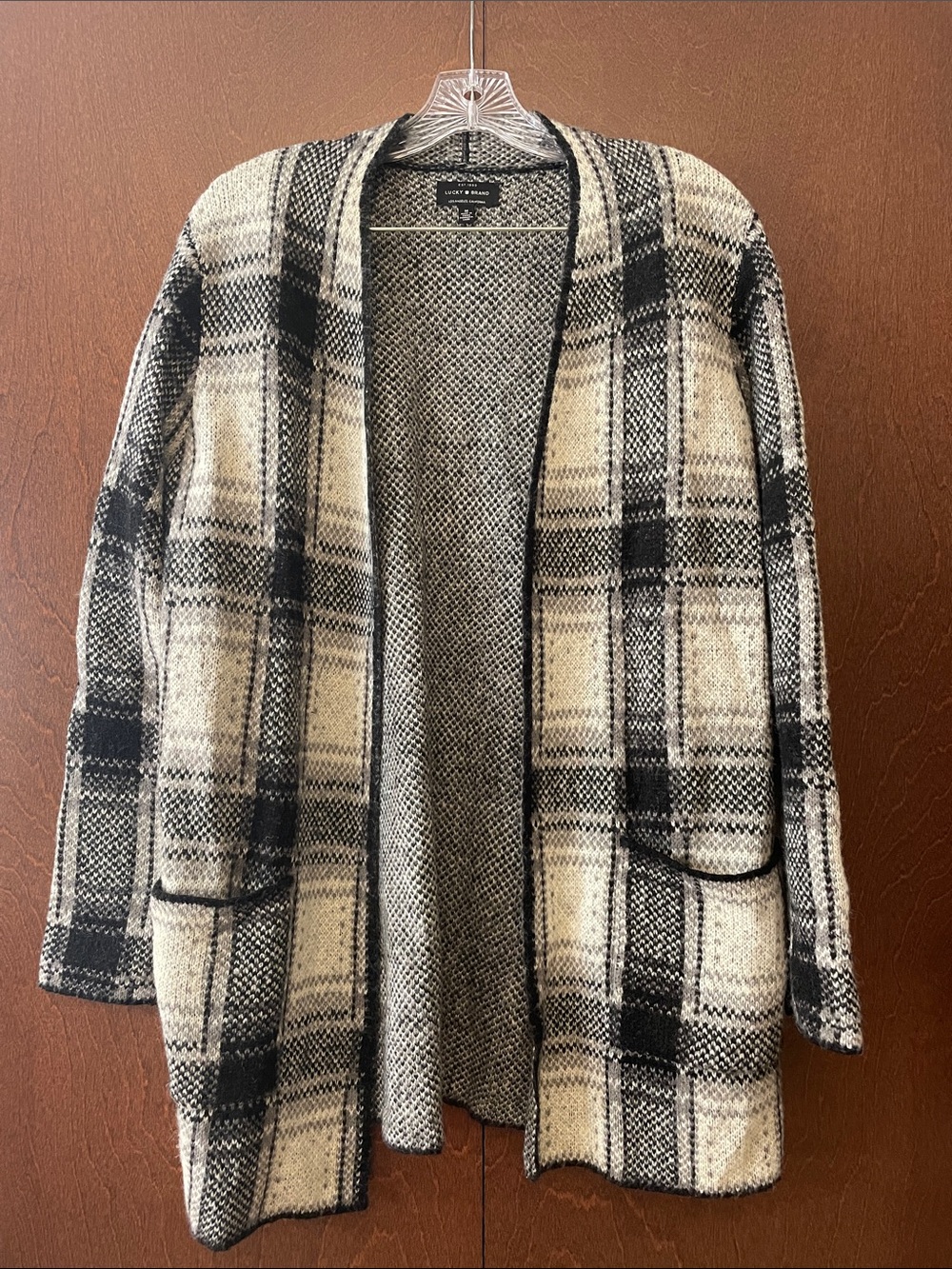 Lucky Brand Black & Cream Plaid Open Cardigan Sweater